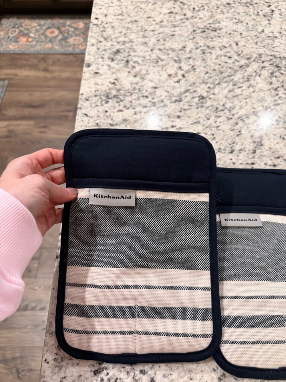 KitchenAid Black and Cream Striped Double Oven Mitt Set